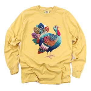 Turkey Patchwork Print - Women's Garment Dyed Long Sleeve Graphic T-Shirt - 1 of 4