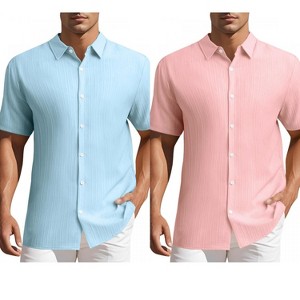 INSPIRE CHIC Men's Summer Point Collar Short Sleeves Button Down Linen Shirts 2 Packs - 1 of 4