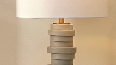 Gray Resin Stacked Discs Table Lamp with White Linen Shade