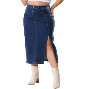 Agnes Orinda Women's Plus Size High Waist Side Slit Button with Pockets Midi Denim Jean Skirts - 1 of 4