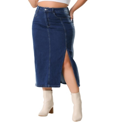 Agnes Orinda Women's Plus Size High Waist Side Slit Button with Pockets Midi Denim Jean Skirts - image 1 of 4