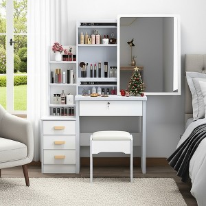 FONTOI 35.4"W Fashion Vanity Desk with Mirror and Chair and Drawers for Woman Makeup and Dressing Room Bedroom, White, 35.43"*15.75"*51.97" - 1 of 4