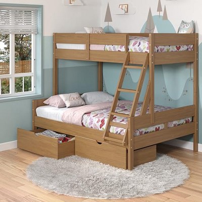 Donco Kids Low Board Twin Over Full Urban Oak Panel Bunkbed with Dual Underbed Drawers