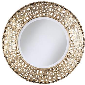 Uttermost Round Vanity Accent Wall Mirror Rustic Reed Outer Border Beveled Champagne Metal Frame 32" Wide Bathroom Bedroom Home