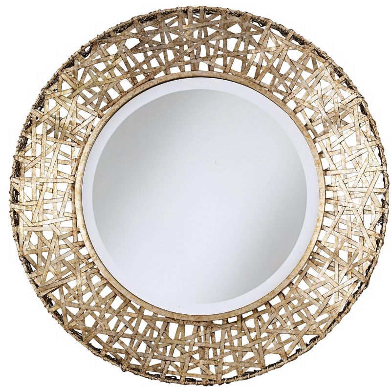 Uttermost Round Vanity Accent Wall Mirror Rustic Reed Outer Border Beveled Champagne Metal Frame 32" Wide Bathroom Bedroom Home, 1 of 4