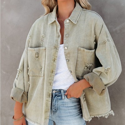 Women's Long Sleeve Fall Casual Retro Street Style Denim Jacket Lapel Collar Button Down Oversize Shirt Outwear with Pockets