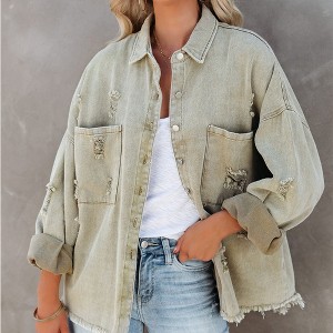 Women's Long Sleeve Fall Casual Retro Street Style Denim Jacket Lapel Collar Button Down Oversize Shirt Outwear with Pockets - 1 of 4