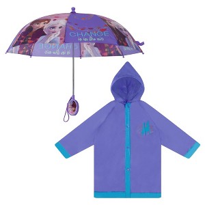 Frozen Elsa and Anna Girl’s Umbrella and Raincoat set, Kids Ages 4-7 (Blue/Purple) - 1 of 4