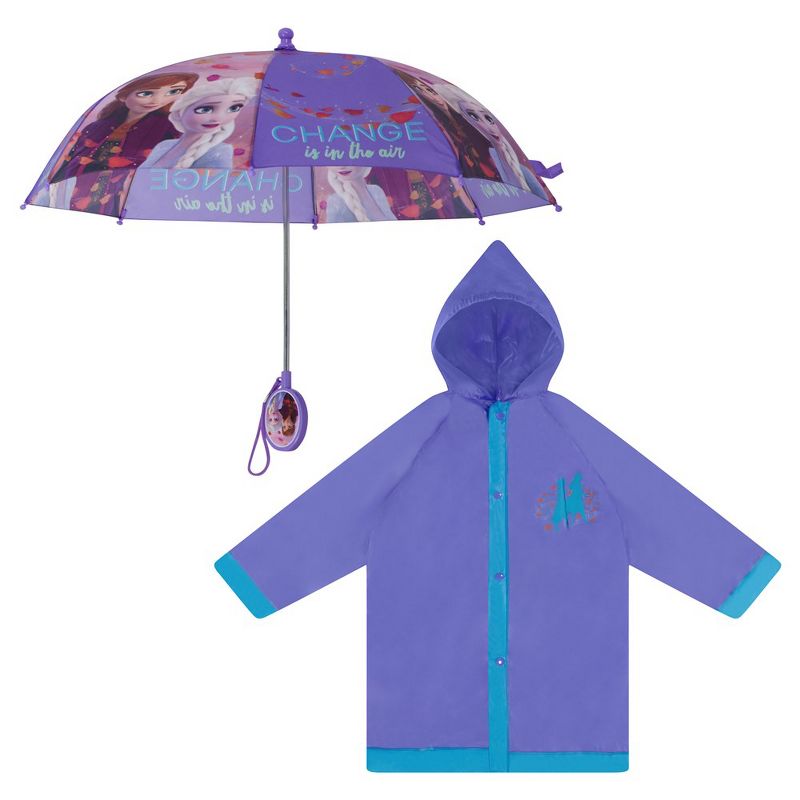 Frozen Elsa and Anna Girl’s Umbrella and Raincoat set, Kids Ages 4-7 (Blue/Purple), 1 of 6