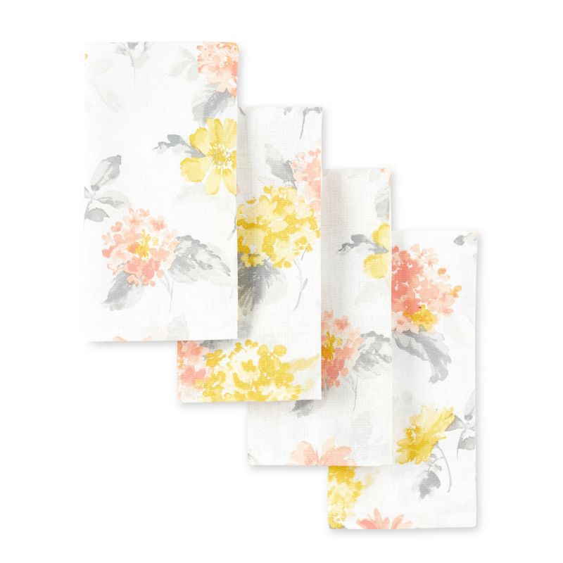 MARTHA STEWART Amber Floral Napkin Set 4-Pack, Yellow/Coral, 19"x19", 1 of 5