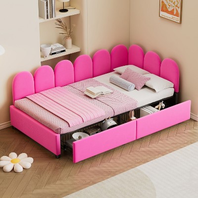 NicBex Twin Size Upholstered Daybed,Velvet Sofabed with 2 Drawers and Headboard for Bedroom,Living Room,Apartment,Rose Red