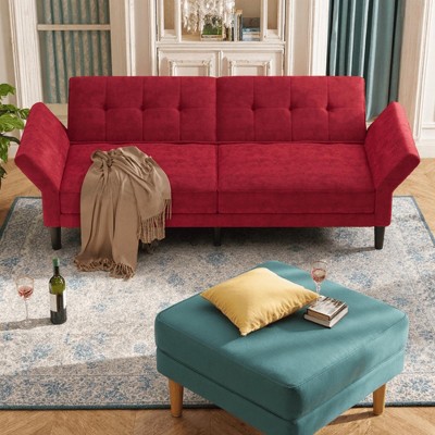 89" Contemporary Futon Couch, Mid Century Upholstered Futon Sofa, Fabric Sleeper Sofa with Adjustable Backrest & Armrest