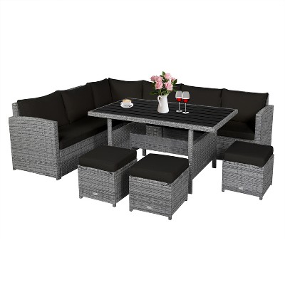 Tangkula Outdoor Wicker Coversation Set, 7 Piece, with Red/Turquoise/White/Black/Navy/Gray Cushions