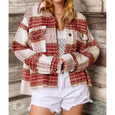 Women's Brushed Plaid Jacket - LA MIEL