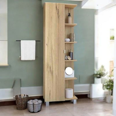 Alilang 8.45 Inch Modern Tall Storage Cabinet with Open Shelves and Door for Bathroom or Living Room Organization - Light Oak
