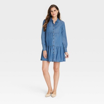 Image of Long Sleeve Tiered Chambray Mini Maternity Dress - Isabel Maternity by Ingrid & Isabel™ Blue S