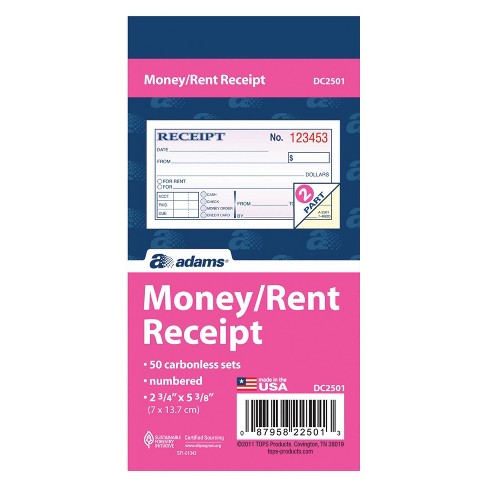 Adams Money and Rent Receipt Book 7-5/8" Carbonless White/Canary/Pink 3-Part 