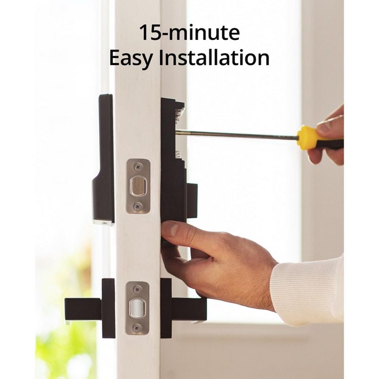 A person is installing a black colored lock on a white door with the text "15-minute Easy Installation" above.