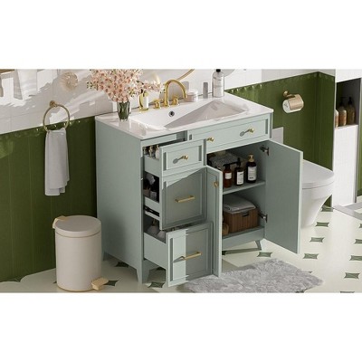 Okak 36" Bathroom Vanity Set with Ceramic Sink, Space-Smart Cabinet with Double-Decker Drawers & Soft Close Doors, Adjustable Shelves, Green