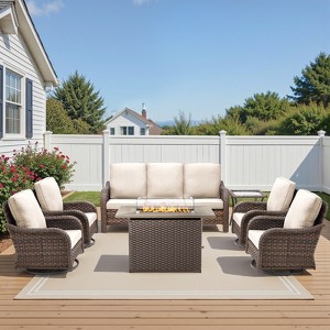 Buenhomino Patio Furniture with Fire Pit, Wicker Outdoor Couch and Swivel Rocking Chairs, Propane Fire Pit Conversation Set - 1 of 4