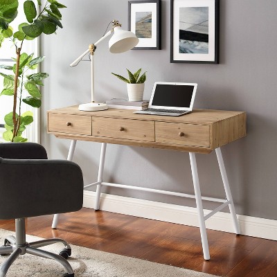 Natural Wood and White 3-Drawer Desk with Iron Legs
