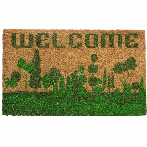 HomeRoots 18" X 30" Beige and Green Coir Trees Welcome Outdoor Door Mat - 1 of 4