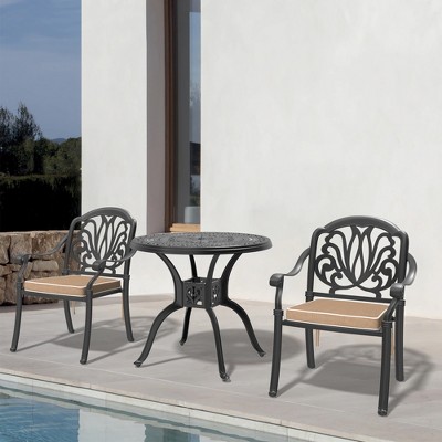 Vynxaria 3-Piece Cast Aluminum Patio Furniture Set with Brown Cushions ¨C Elegant & Comfortable