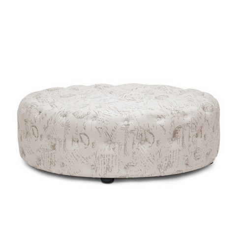 Cardiff Script Print Modern Tufted Ottoman Beige Baxton Studio