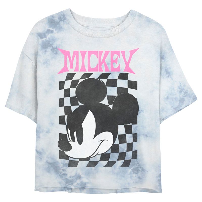 Juniors Womens Mickey & Friends Angry Checker Logo Crop T-Shirt, 1 of 4