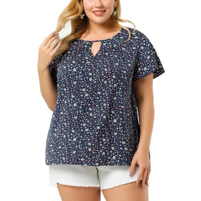 Agnes Orinda Women's Plus Size 3/4 Raglan Sleeves Floral Dressy Casual  Peasant Tops Navy Blue 1X