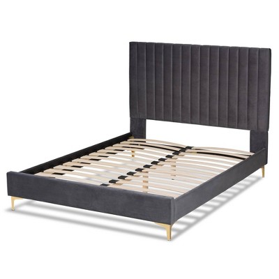 Serrano Blue Velvet Upholstered Queen Platform Bed with Gold Legs