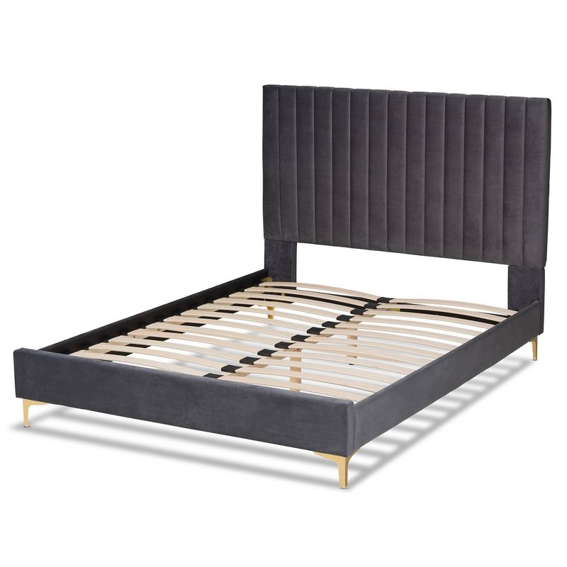 Queen Serrano Velvet Fabric Upholstered and Metal Platform Bed Gray/Gold - Baxton Studio, 5 of 11
