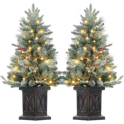 4.5FT Pre-Lit Flocked Christmas Tree with 78 LED Lights & Timer, Battery Powered Mini Xmas Tree for Indoor Outdoor, Vintage Potted Base,2pcs