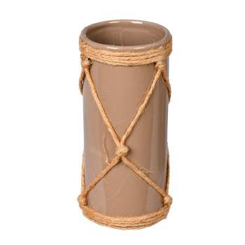 Vickerman 8" Sandstone Ceramic Vase in Jute Rope. This vase features a sturdy ceramic construction and thick jute rope hanger. It measures 8 inches