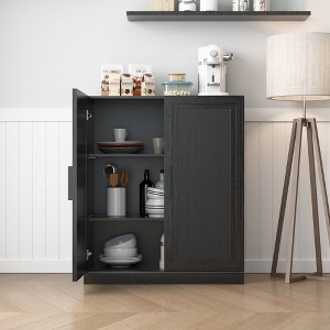 36"x31"x16" Wood Grain Buffet Cabinet in Black, Storage Organizer with Adjustable Shelves and Rattan Doors for Kitchen Bedroom Entryway Living Room - 1 of 4