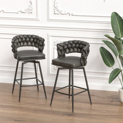 28 Inch Bar Stool Linen Woven Bar Stools Set of 2, Black Legs Bar Stools Non Adjustable Kitchen Island Chair
