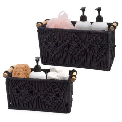 AuldHome Design Black Boho Farmhouse Macrame Baskets, Set of 2; Decorative Storage Bins for Home and Office