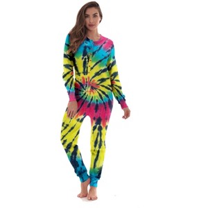 #followme Womens Henley Thermal Bodysuit | Buffalo Plaid, Tie Dye, & Printed PJ Union Suit Loungewear - 1 of 3