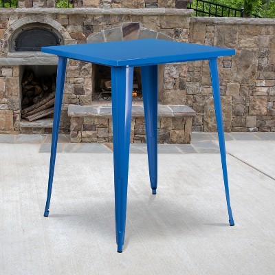 Vibrant Blue Square Metal Indoor-Outdoor Bar Height Table