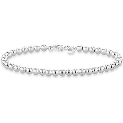 Italian Handmade 925 Sterling Silver Bracelet, 4mm Bead Ball Strand Chain for Women, Made in Italy