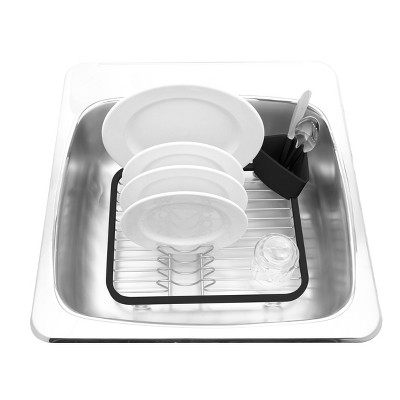 Black and Silver Metal Dish Rack with Utensil Cup