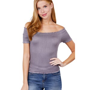 Slickblue Trendy Off the Shoulder Smocked Rayon Spandex Top - Short Sleeve, Silver Grey, All-Day Comfort, S-L - 1 of 4