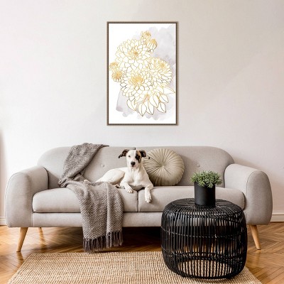 Gold and Gray Dahlia Bouquet Framed Canvas Wall Art