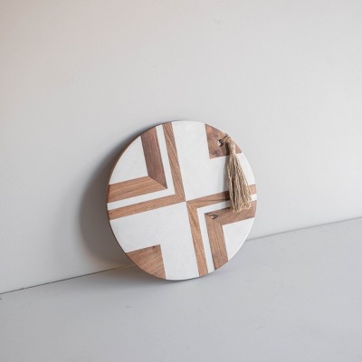 Round White Wood and Resin Cutting Board with Jute Tassel