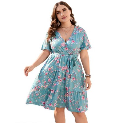 Women Plus Size V Neck Wrap Dress High Waist Short Sleeve Ruffle Casual Summer Midi Dress with Belt,green pink,5XL