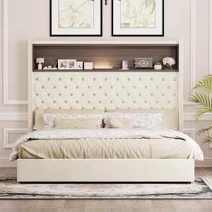 QingMoon Queen Size Velvet Upholstered Bed Frame, Wing-back Platform Bed with Rivet Decoration Headboard, USB Port and Storage for Bedroom - 1 of 4