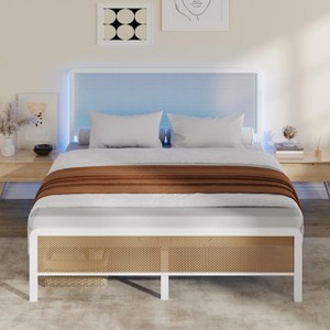 Whizmax Rattan Bed Frame with Led Light Headboard, Bohemian Style Cane Boho Bed Frames with Heavy Duty Steel Slat Support, No Box Spring Needed, White - 1 of 4
