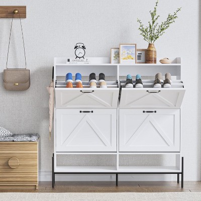 48.4" White Shoe Cabinet with 4 Flip Drawers, Large Capacity Entryway Storage with Metal Legs, Anti-Tip Modern Shoe Organizer