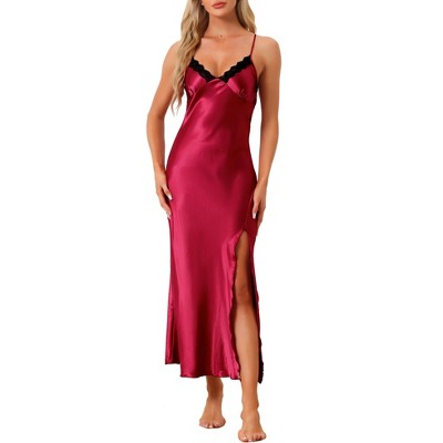 cheibear Womens Satin Long Sleep Dress Sleeveless Lace Night Shirt V Neck Nightgown