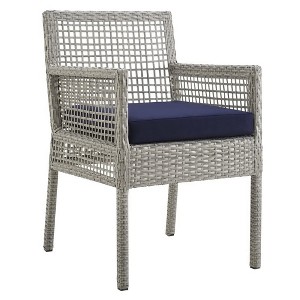 Modway Aura Outdoor Dining Armchair - Wicker Rattan Patio Chair with Navy Cushions and Gray Frame for Backyard or Balcony - 1 of 4